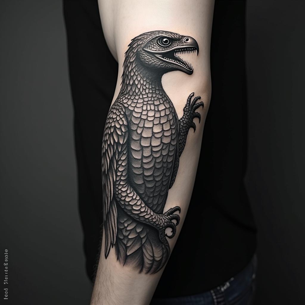 Raptorin realism tattoo style, featuring a highly detailed, lifelike, capturing every detail, photorealistic, ultra realistic, intricate shading, smooth and sharp,   - Variation 3