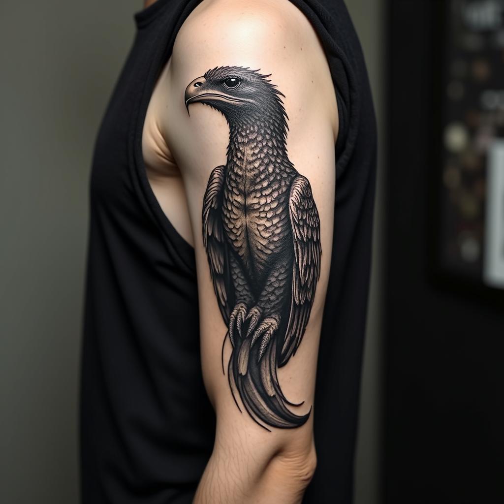 Raptorin realism tattoo style, featuring a highly detailed, lifelike, capturing every detail, photorealistic, ultra realistic, intricate shading, smooth and sharp,   - Variation 4