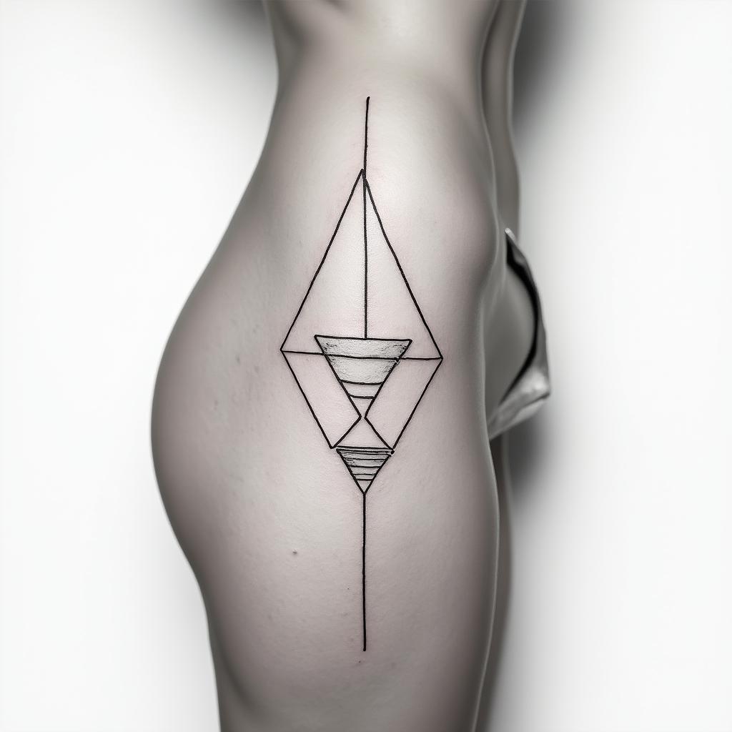 thigh side, modern, line tattoo, balance, with scalein minimalist style tattoo, featuring simple shapes and fine lines, with minimal shading and details, tiny triangles, creating a sense of balance and harmony - Variation 3