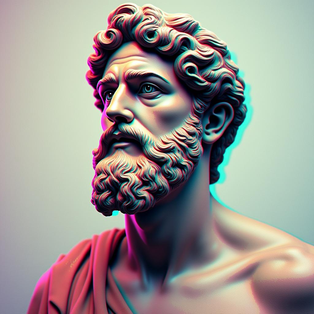 Zeusin distorted and fragmented tattoo design, featuring a classical statue bust, in a glitch art style with vibrant, overlapping colors of cyan, magenta, and yellow, creating a digital distortion effect