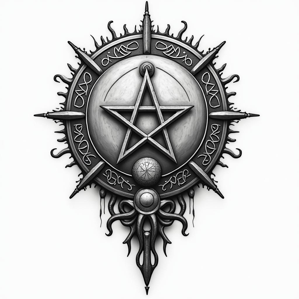 Wood, burning,in paganic style tattoo, featuring ancient symbols, add vegvisir symbol, mystical figures, incorporating designs, pentagrams, runes, crescent moons, - Variation 3