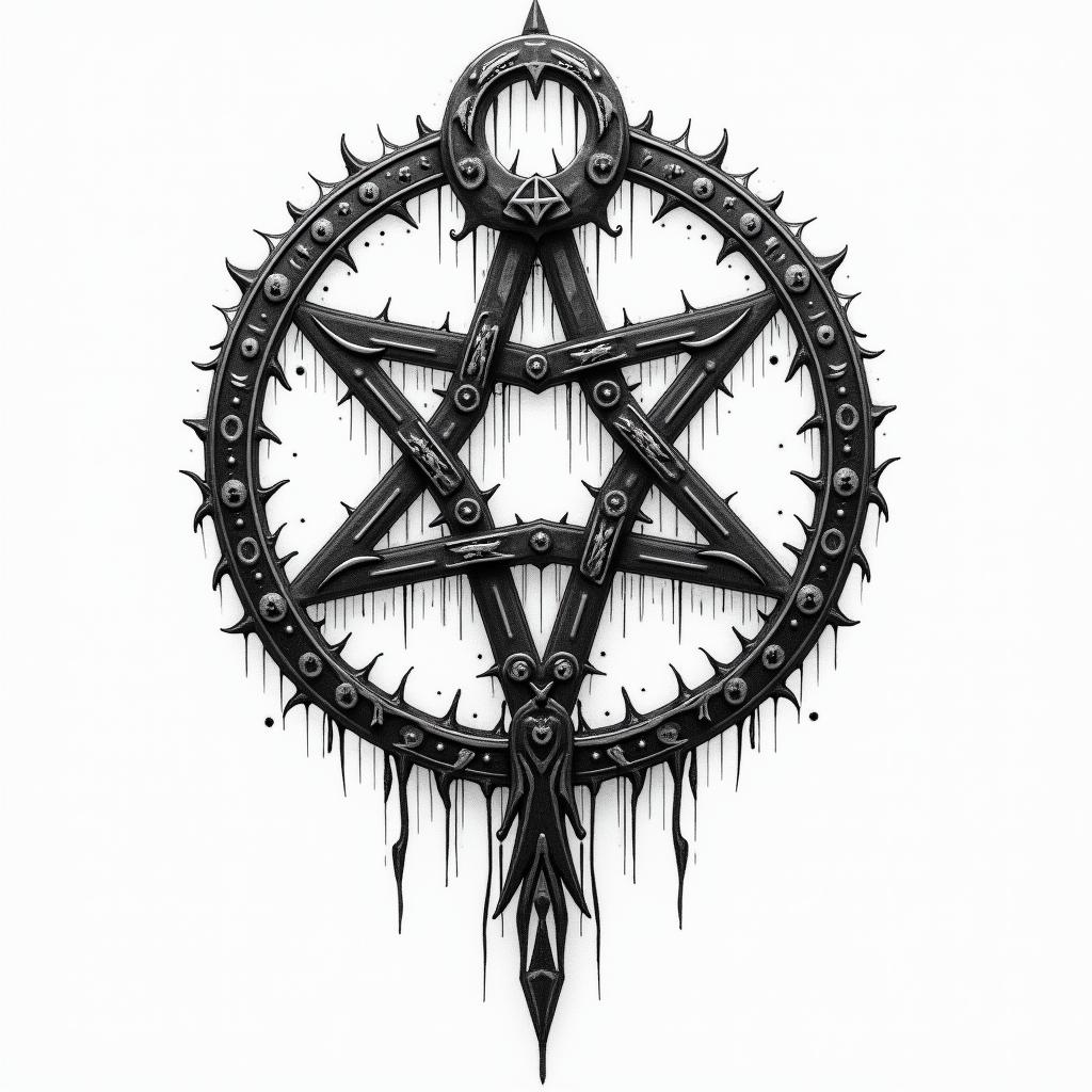 Wood, burning,in paganic style tattoo, featuring ancient symbols, add vegvisir symbol, mystical figures, incorporating designs, pentagrams, runes, crescent moons, - Variation 1