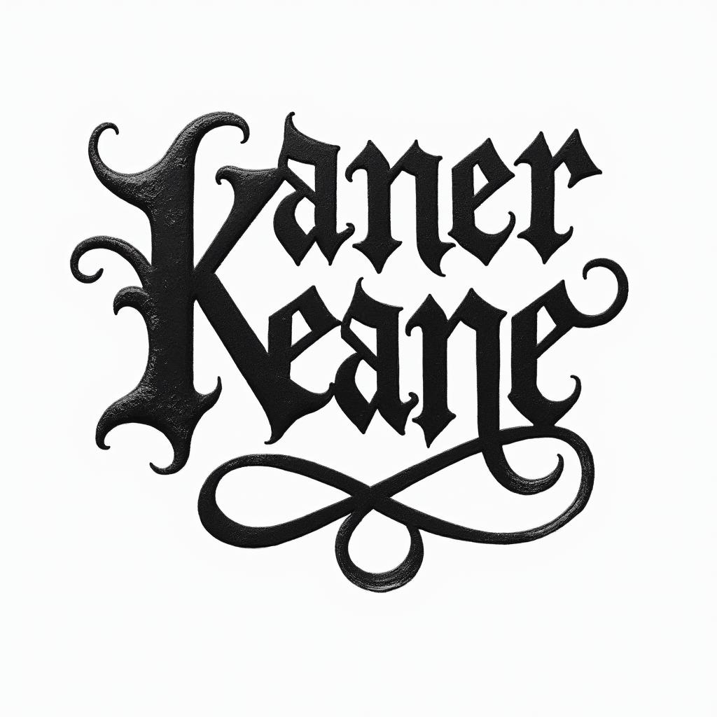 Keantetext-based tattoo, gothic font ultra-realistic, perfectly placed, high-quality font design, photo-realistic shading, 8k, high quality, finely detailed typography
