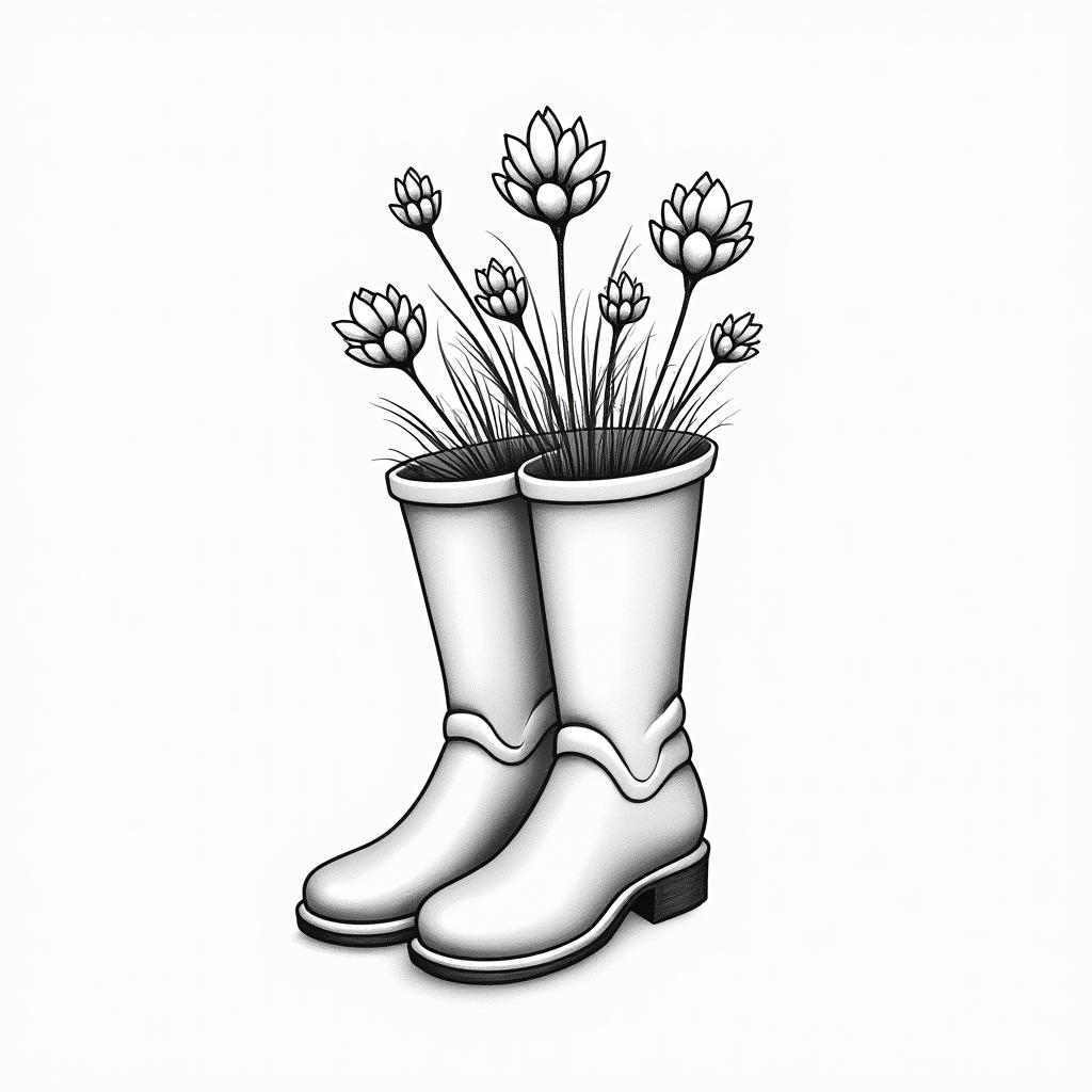 Rubber boots with flowers insidein minimalist style tattoo, featuring simple shapes and fine lines, with minimal shading and details, tiny triangles, creating a sense of balance and harmony - Variation 4