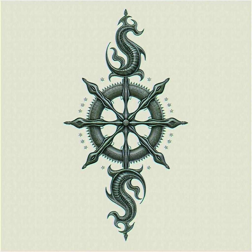 I want a tattoo with 3 zodiac sign, Libra, Pisces and Gemini.in paganic style tattoo, featuring ancient symbols, add vegvisir symbol, mystical figures, incorporating designs, pentagrams, runes, crescent moons, - Variation 2