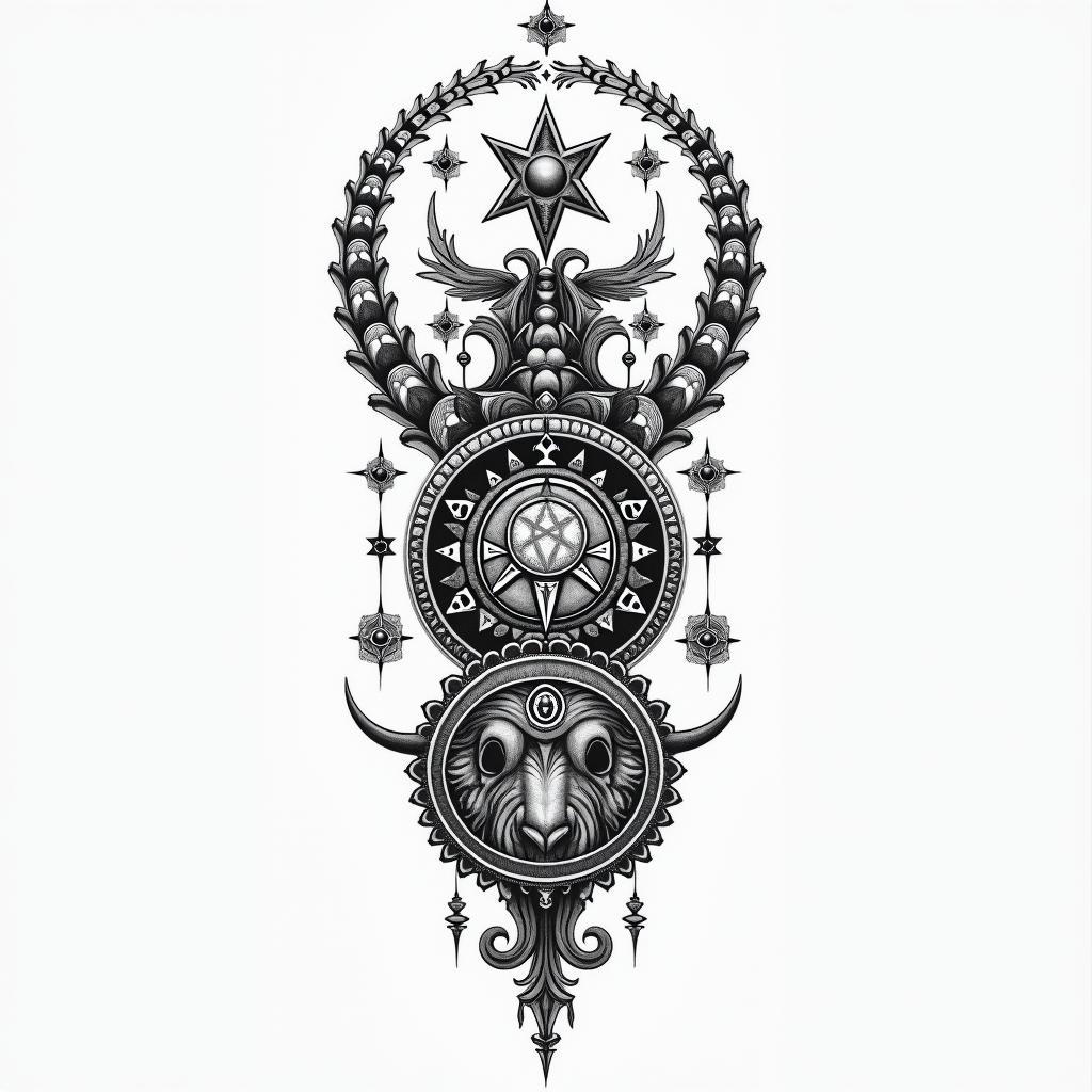 I want a tattoo with 3 zodiac sign, Libra, Pisces and Gemini.in paganic style tattoo, featuring ancient symbols, add vegvisir symbol, mystical figures, incorporating designs, pentagrams, runes, crescent moons, - Variation 3