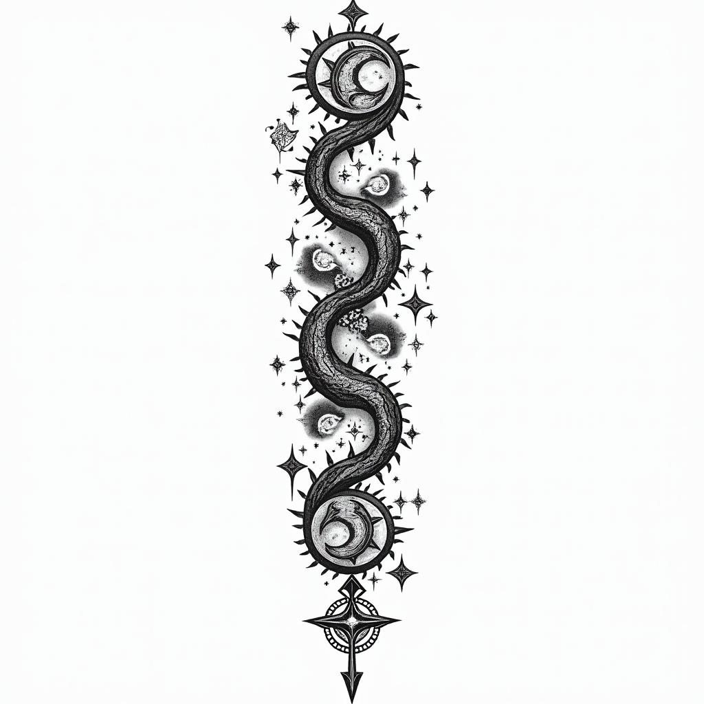 I want a tattoo with 3 zodiac sign, Libra, Pisces and Gemini.in paganic style tattoo, featuring ancient symbols, add vegvisir symbol, mystical figures, incorporating designs, pentagrams, runes, crescent moons, - Variation 1
