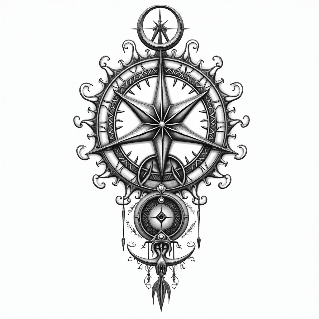 I want a tattoo with 3 zodiac sign, Libra, Pisces and Gemini.in paganic style tattoo, featuring ancient symbols, add vegvisir symbol, mystical figures, incorporating designs, pentagrams, runes, crescent moons, - Variation 4