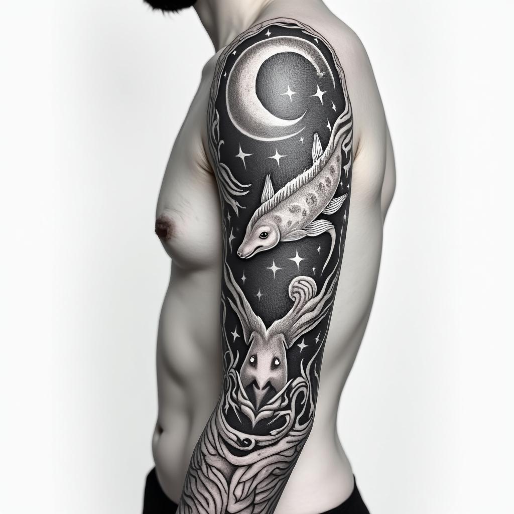 I want a full sleeve tattoo with 3 zodiac sign, Libra, Pisces  and Gemini.in realism tattoo style, featuring a highly detailed, lifelike, capturing every detail, photorealistic, ultra realistic, intricate shading, smooth and sharp,   - Variation 2