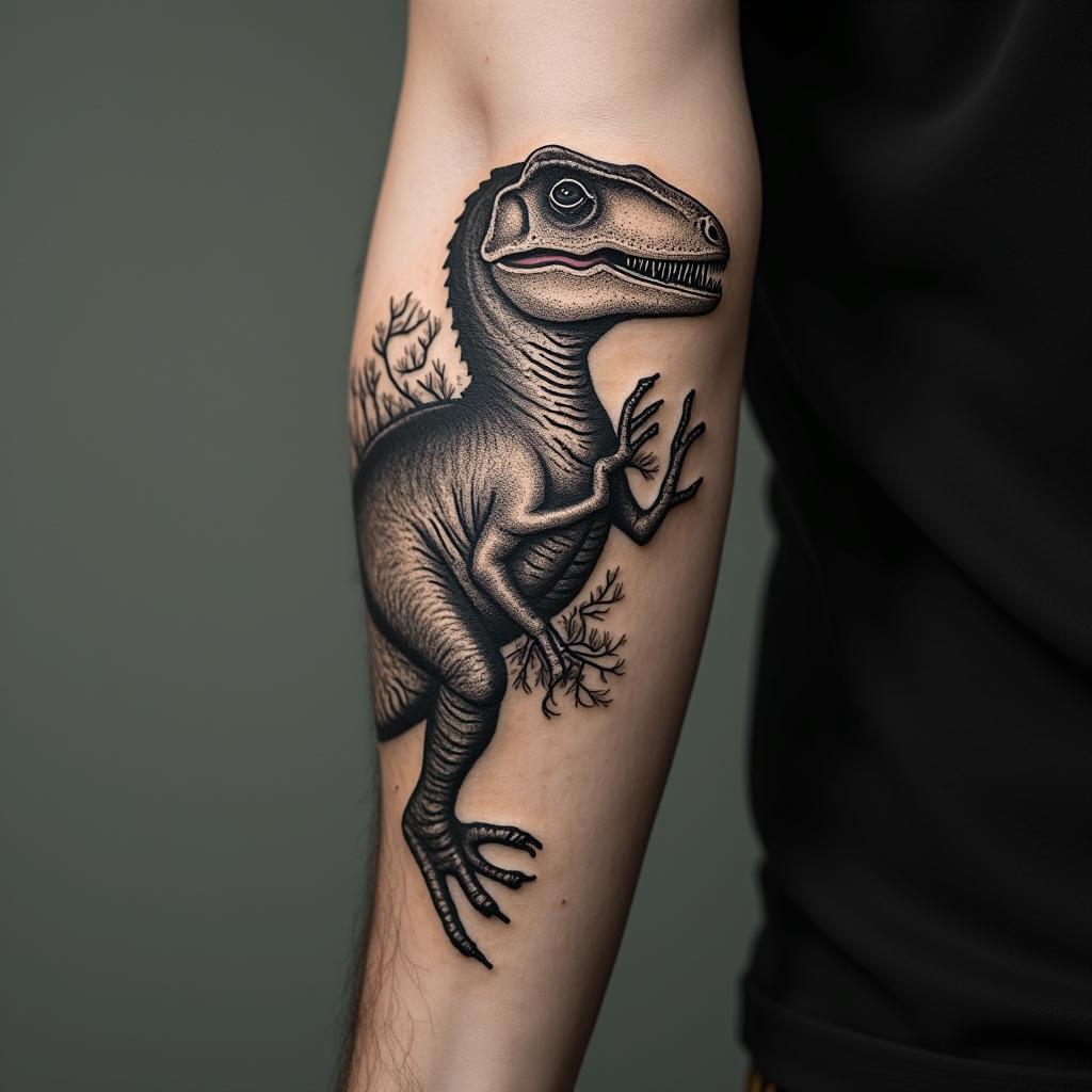Velociraptorin portrait tattoo style, featuring a highly realistic and detailed depiction  - Variation 2