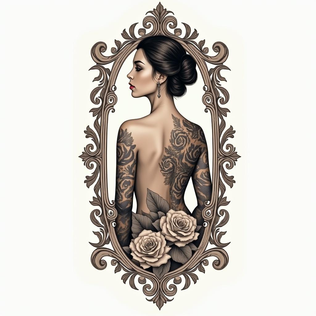 Whole body halfin victorian style tattoo, featuring vintage and elegant elements, ornate frames, roses, antique, sepia-toned color scheme
