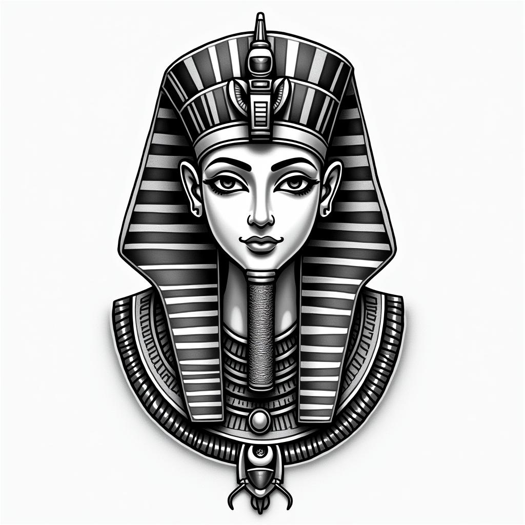 Taryn, Aries, March 28in egyptian style tattoo, bold elements of ancient egyptian culture including a portrait of an Egyptian pharaoh with detailed facial features, in hieroglyphs and symbolic imagery, eye of horus, ankh symbol, scarab beetle - Variation 7