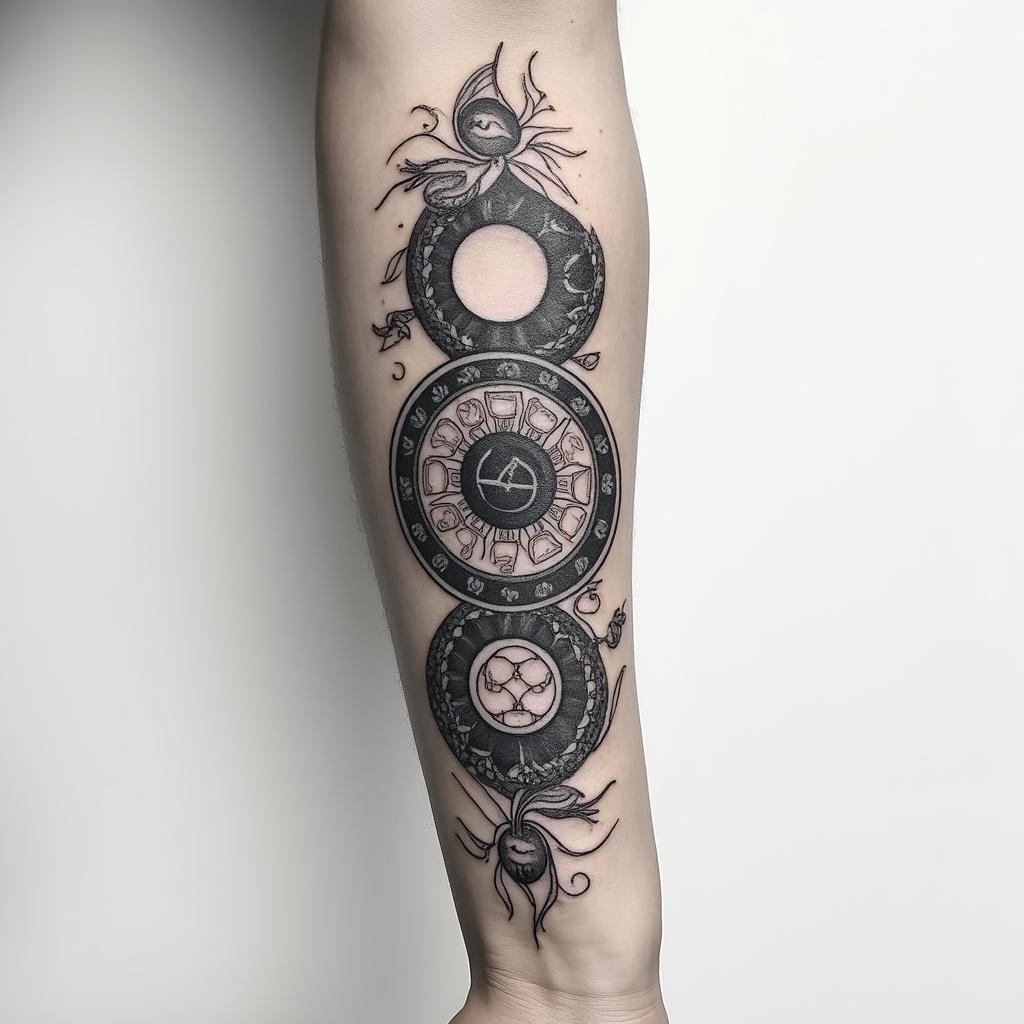 I want a forearm tattoo with three zodiac sign, Libra, Virgo and Pisces.in realism tattoo style, featuring a highly detailed, lifelike, capturing every detail, photorealistic, ultra realistic, intricate shading, smooth and sharp,