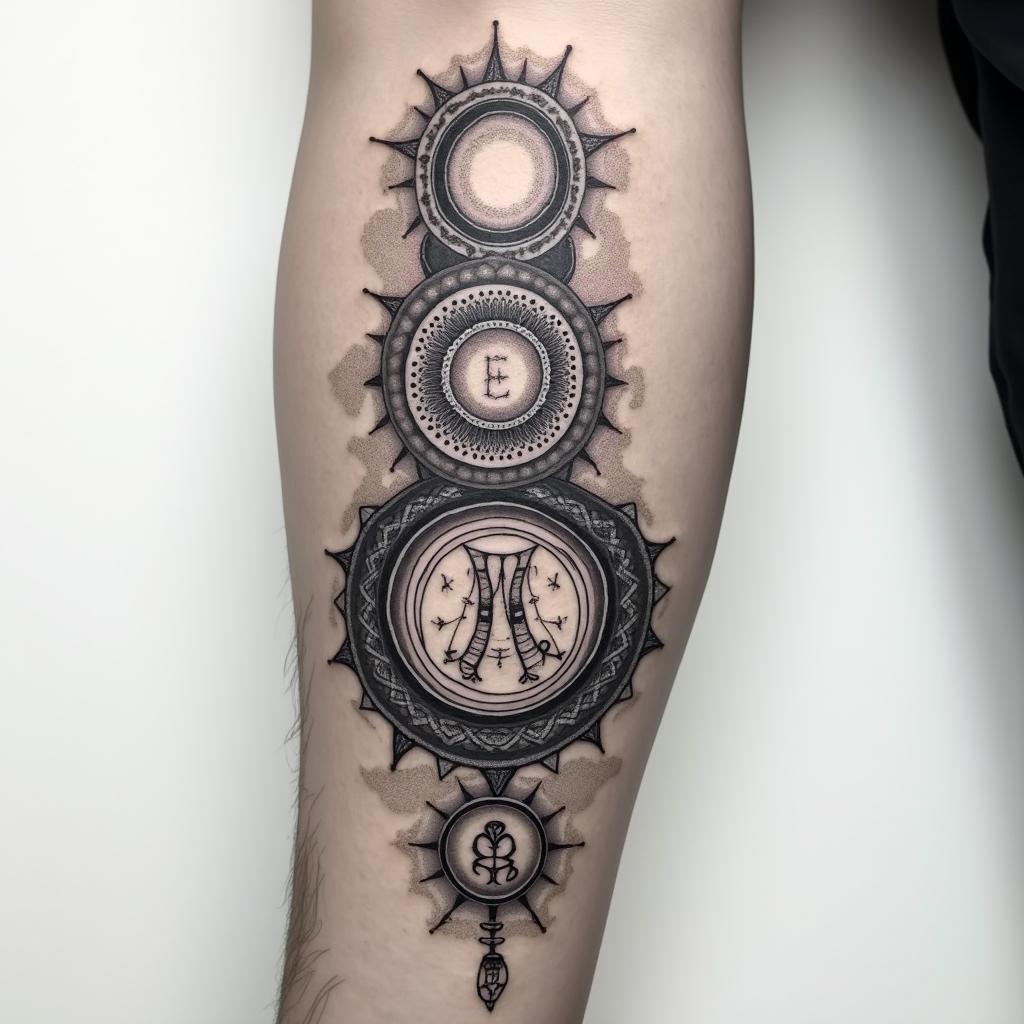 I want a forearm tattoo with three zodiac sign, Libra, Virgo and Pisces.in realism tattoo style, featuring a highly detailed, lifelike, capturing every detail, photorealistic, ultra realistic, intricate shading, smooth and sharp, - Variation 3