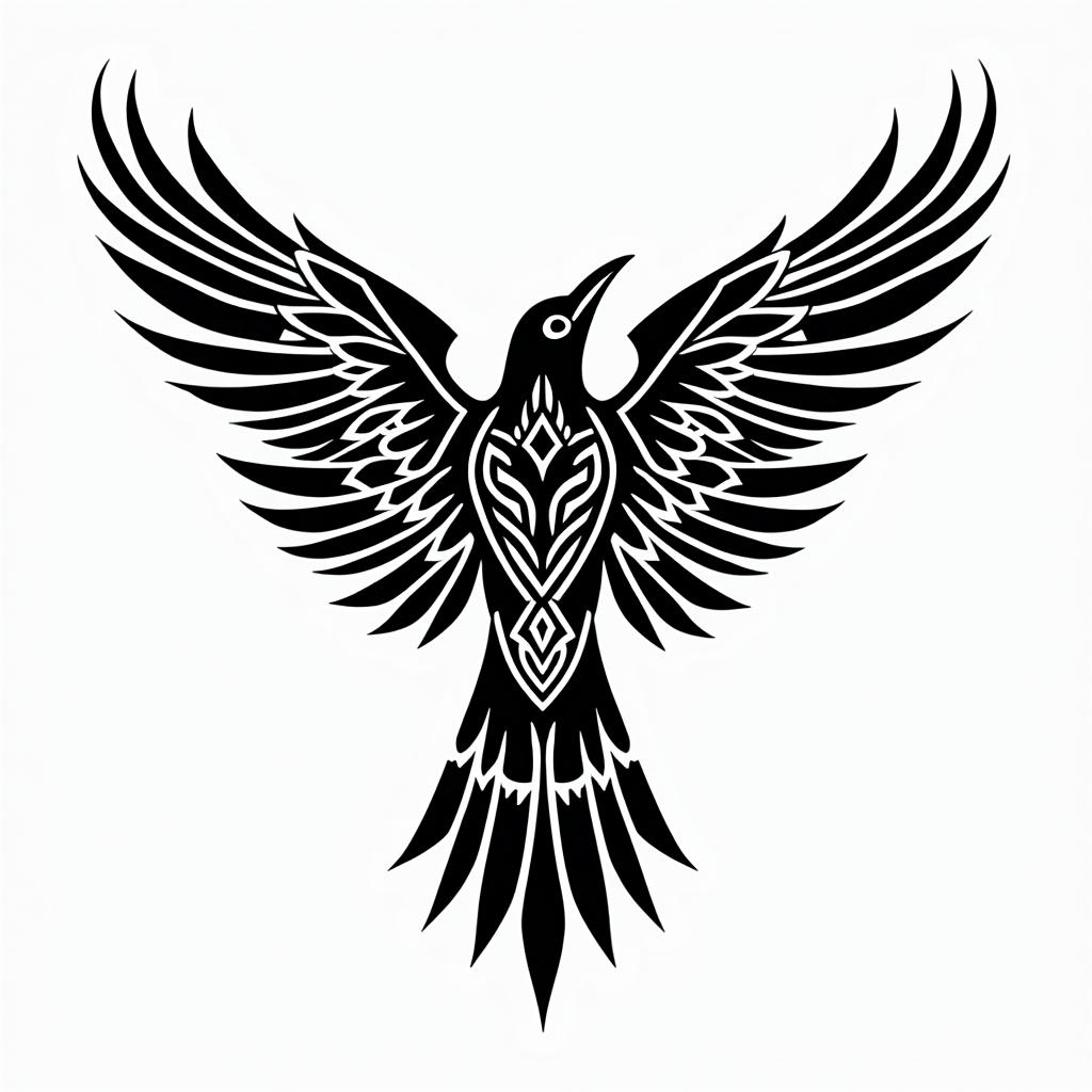 Crows, flapping their wings.in tribal tattoo style, featuring bold and black geometric shapes, curved lines, intertwine and flow seamlessly, creating a powerful and symbolic design, polynesian and maori styles - Variation 4
