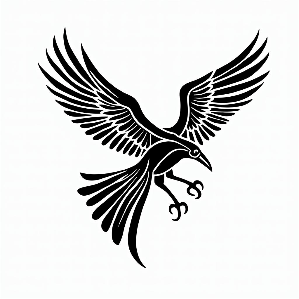 Crows, flapping their wings.in tribal tattoo style, featuring bold and black geometric shapes, curved lines, intertwine and flow seamlessly, creating a powerful and symbolic design, polynesian and maori styles