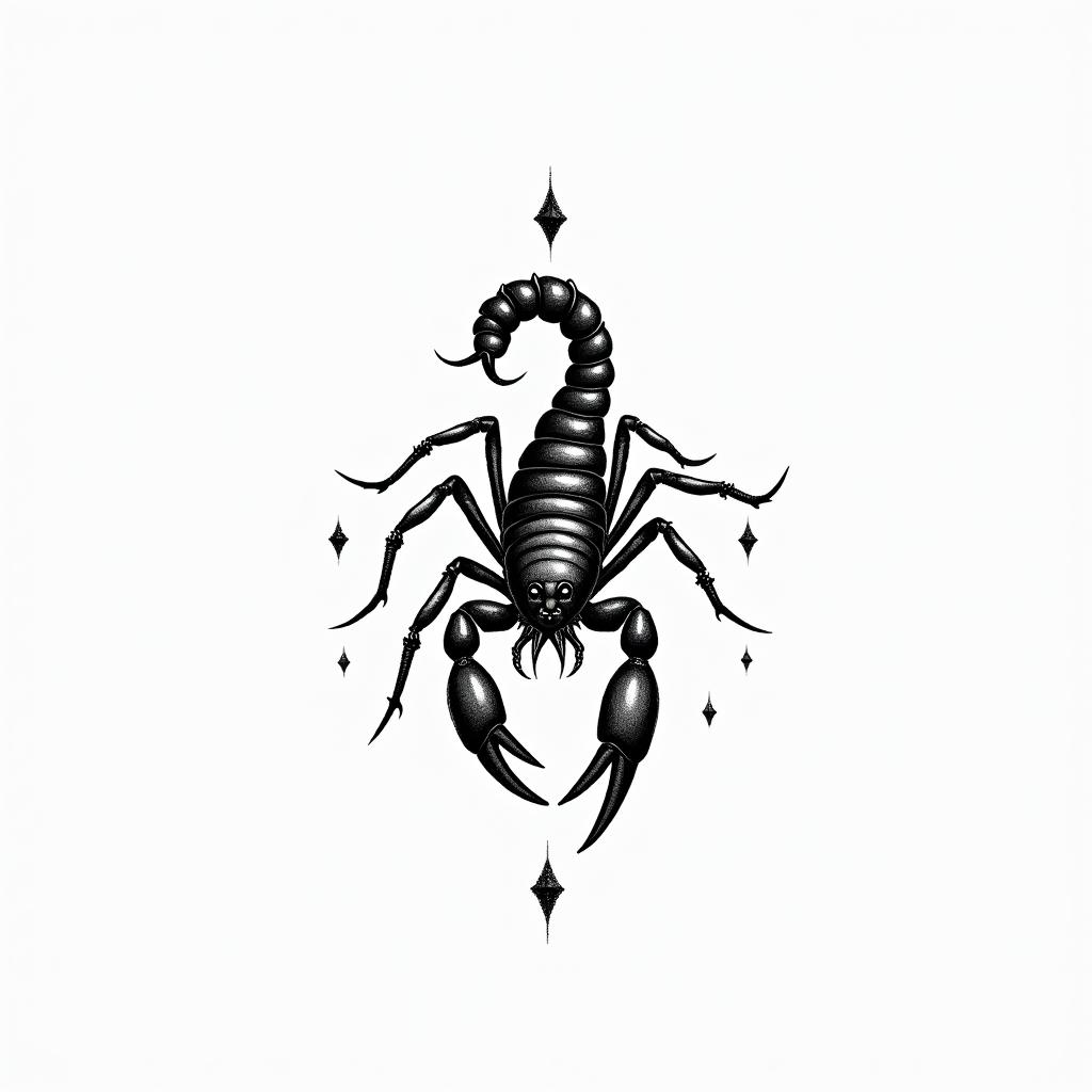 Scorpion with sharp and detailed pincers.in minimalist style tattoo, featuring simple shapes and fine lines, with minimal shading and details, tiny triangles, creating a sense of balance and harmony - Variation 2