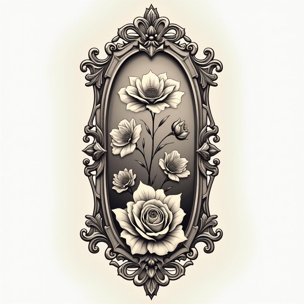Whole half of the bodyin victorian style tattoo, featuring vintage and elegant elements, ornate frames, roses, antique, sepia-toned color scheme