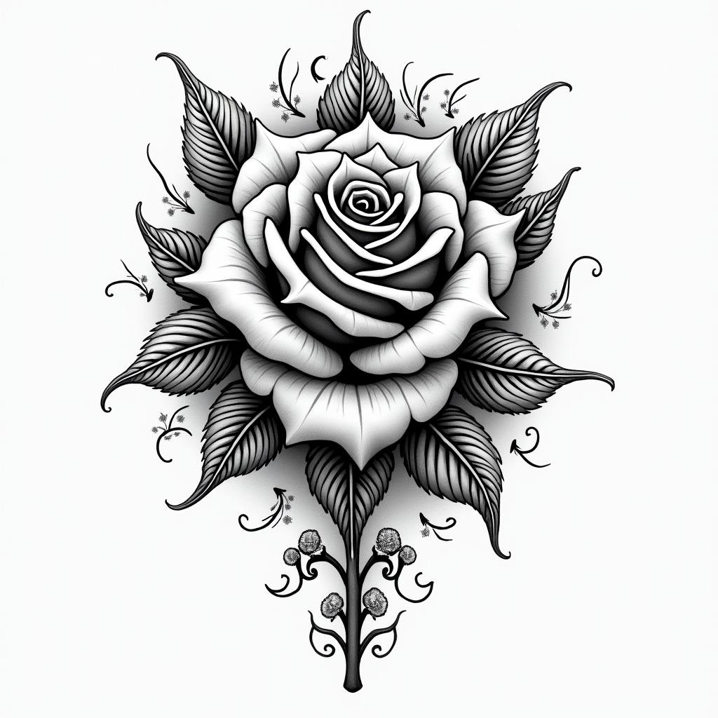 I would like roses that prove my courage.in paganic style tattoo, featuring ancient symbols, add vegvisir symbol, mystical figures, incorporating designs, pentagrams, runes, crescent moons, - Variation 4