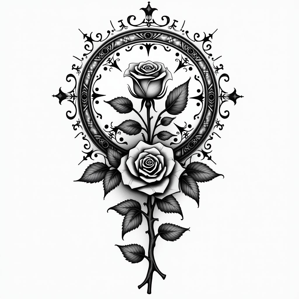 I would like roses that prove my courage.in paganic style tattoo, featuring ancient symbols, add vegvisir symbol, mystical figures, incorporating designs, pentagrams, runes, crescent moons, - Variation 2