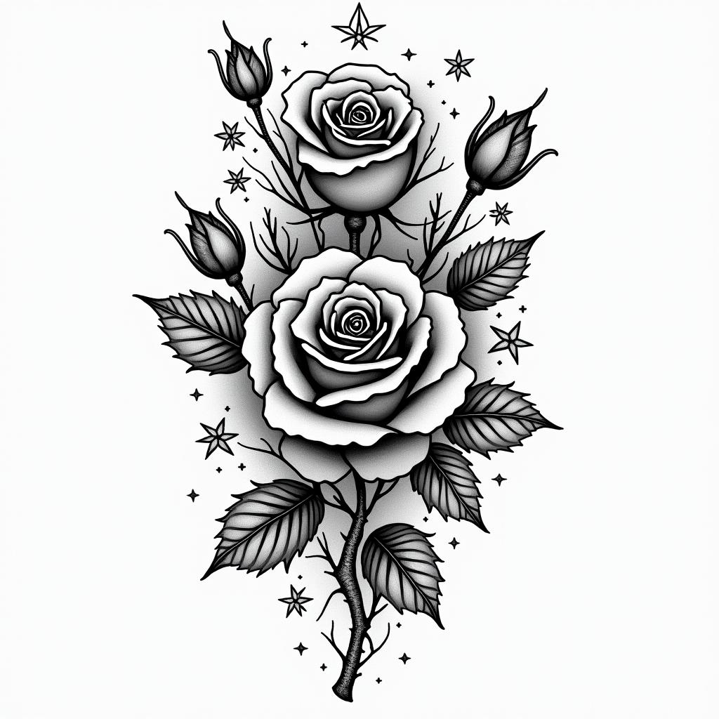 I would like roses that prove my courage.in paganic style tattoo, featuring ancient symbols, add vegvisir symbol, mystical figures, incorporating designs, pentagrams, runes, crescent moons, - Variation 3