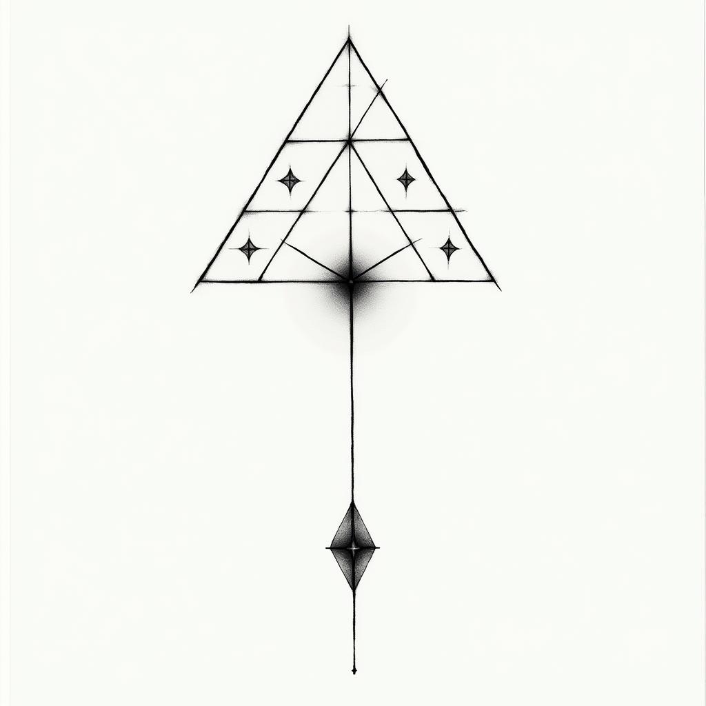 Aline, virgin, night, 1986in minimalist style tattoo, featuring simple shapes and fine lines, with minimal shading and details, tiny triangles, creating a sense of balance and harmony