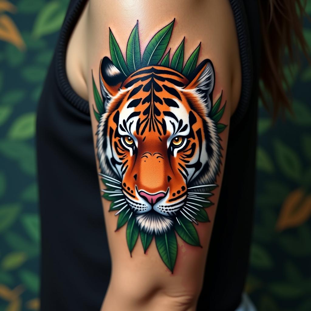 Tiger with intense eyes in a junglein realism tattoo style, featuring a highly detailed, lifelike, capturing every detail, photorealistic, ultra realistic, intricate shading, smooth and sharp,   - Variation 4