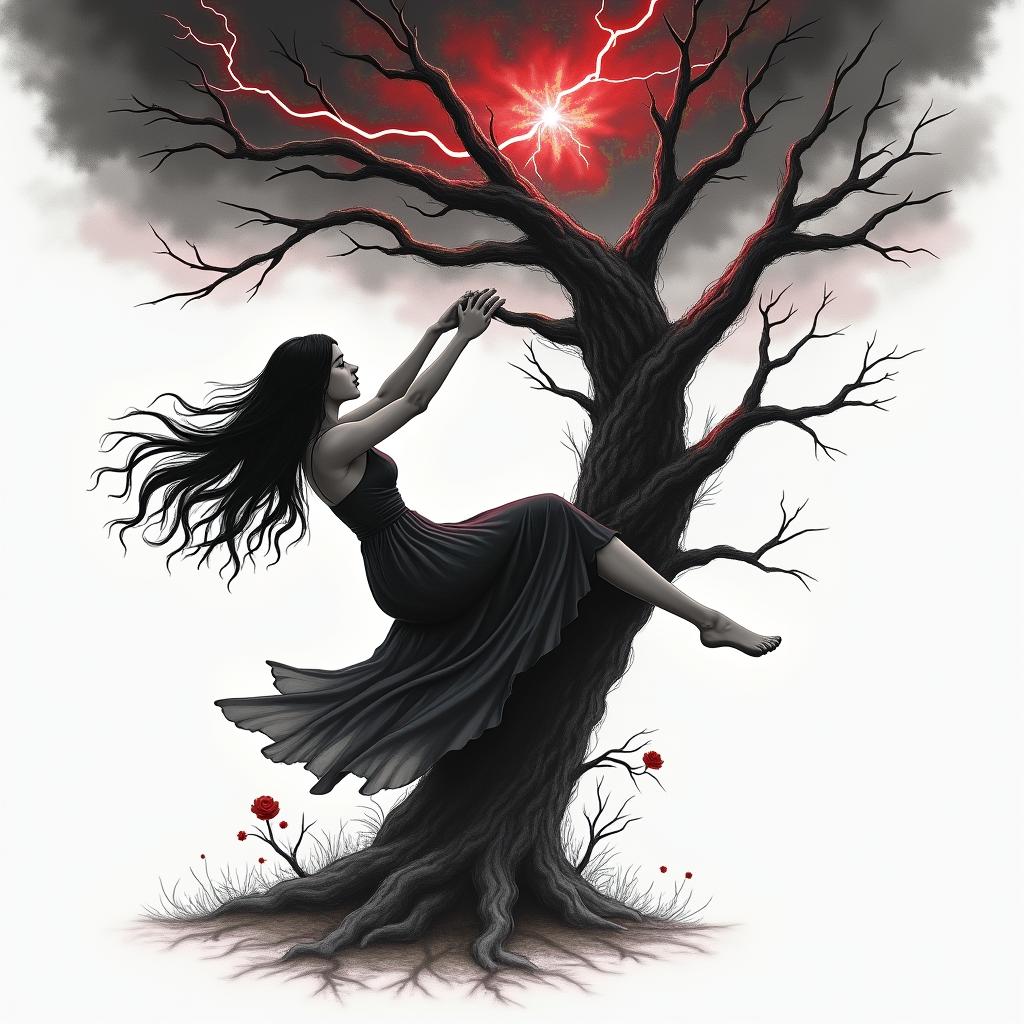 A girl with long black hair wearing a flowing dress is swinging from a dead tree, surrounded by an abstract storm. The storm features swirling clouds and flashes of lightning, with a color palette of black, red, and grey. The scene conveys feelings of longing and despair, capturing an emotional atmosphere that evokes deep sentiments.higly detailed tattoo - Variation 3