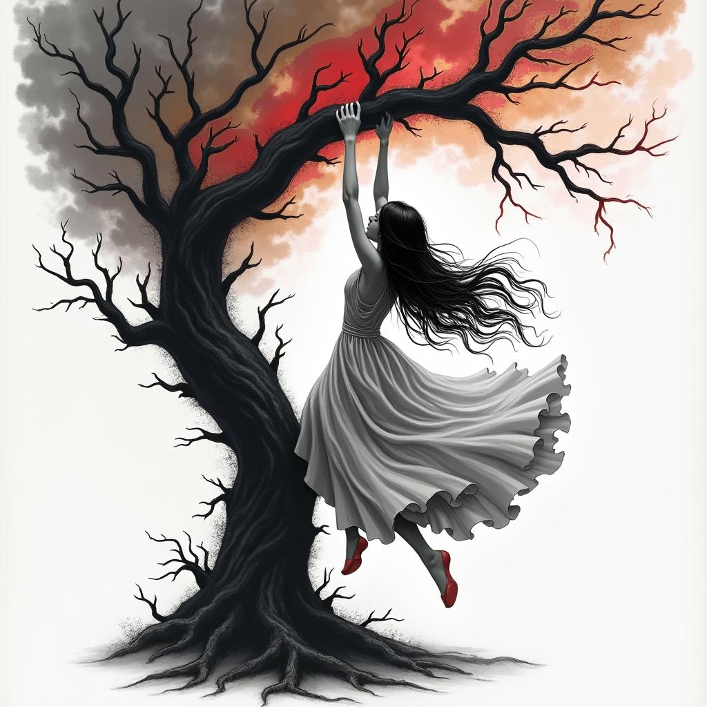 A girl with long black hair wearing a flowing dress is swinging from a dead tree, surrounded by an abstract storm. The storm features swirling clouds and flashes of lightning, with a color palette of black, red, and grey. The scene conveys feelings of longing and despair, capturing an emotional atmosphere that evokes deep sentiments.higly detailed tattoo - Variation 4