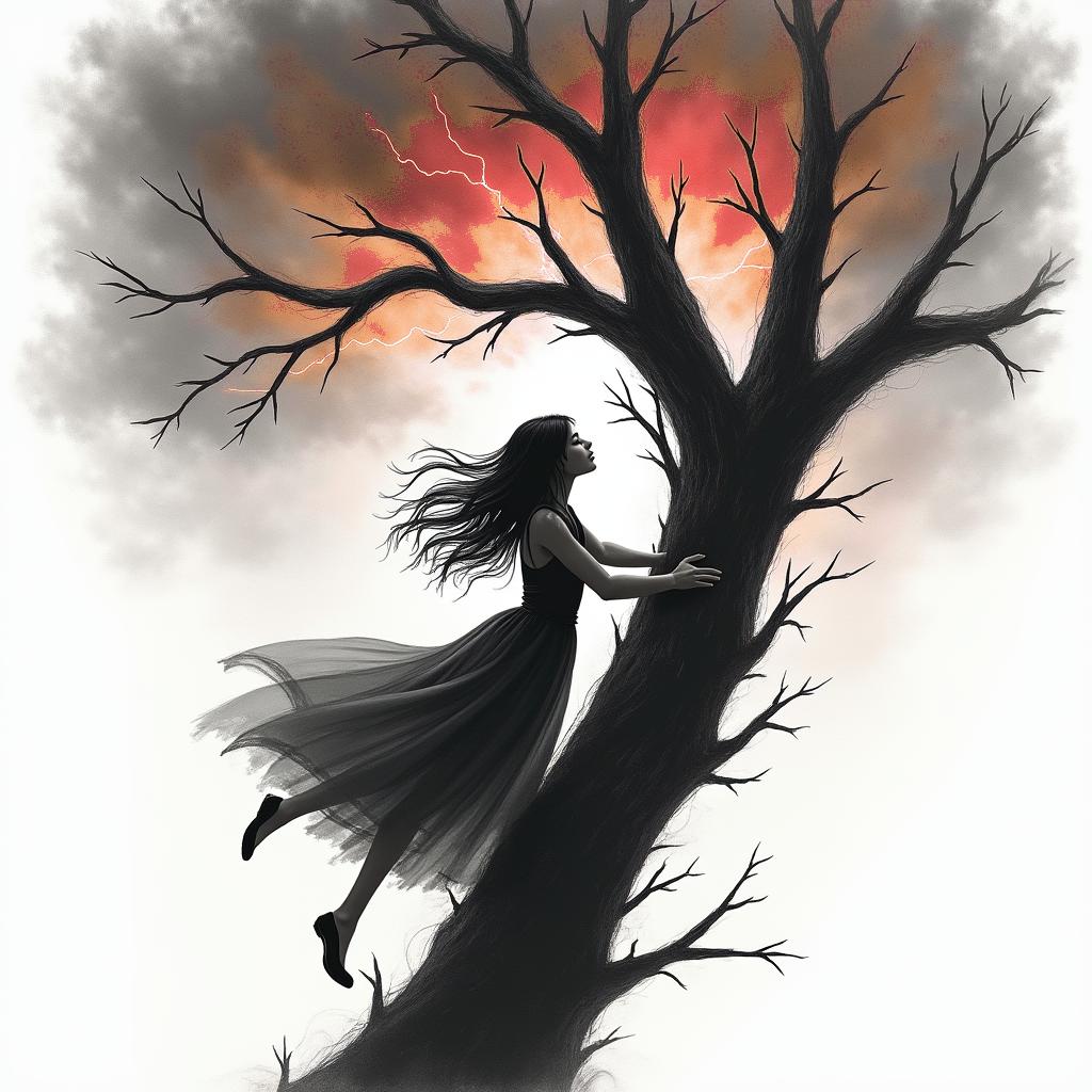 A girl with long black hair wearing a flowing dress is swinging from a dead tree, surrounded by an abstract storm. The storm features swirling clouds and flashes of lightning, with a color palette of black, red, and grey. The scene conveys feelings of longing and despair, capturing an emotional atmosphere that evokes deep sentiments.higly detailed tattoo - Variation 2