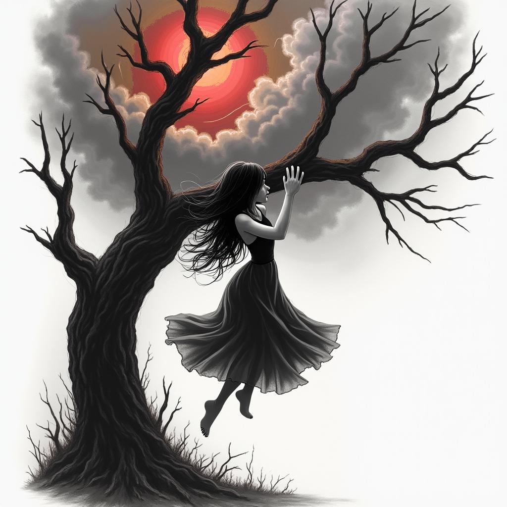 A girl with long black hair wearing a flowing dress is swinging from a dead tree, surrounded by an abstract storm. The storm features swirling clouds and flashes of lightning, with a color palette of black, red, and grey. The scene conveys feelings of longing and despair, capturing an emotional atmosphere that evokes deep sentiments.higly detailed tattoo