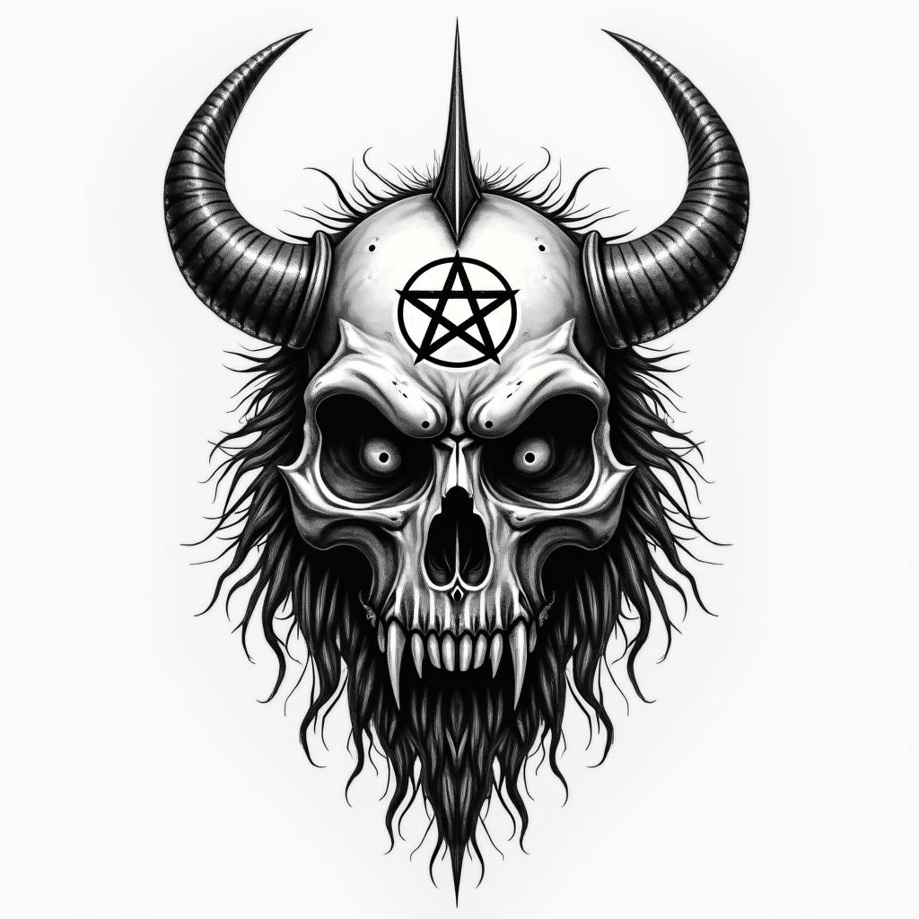 Viking warrior facecreepy horror tattoo style, featuring an eerie and unsettling skull of a demonic creature, distorted face with sharp fangs, add pentagram symbol - Variation 3