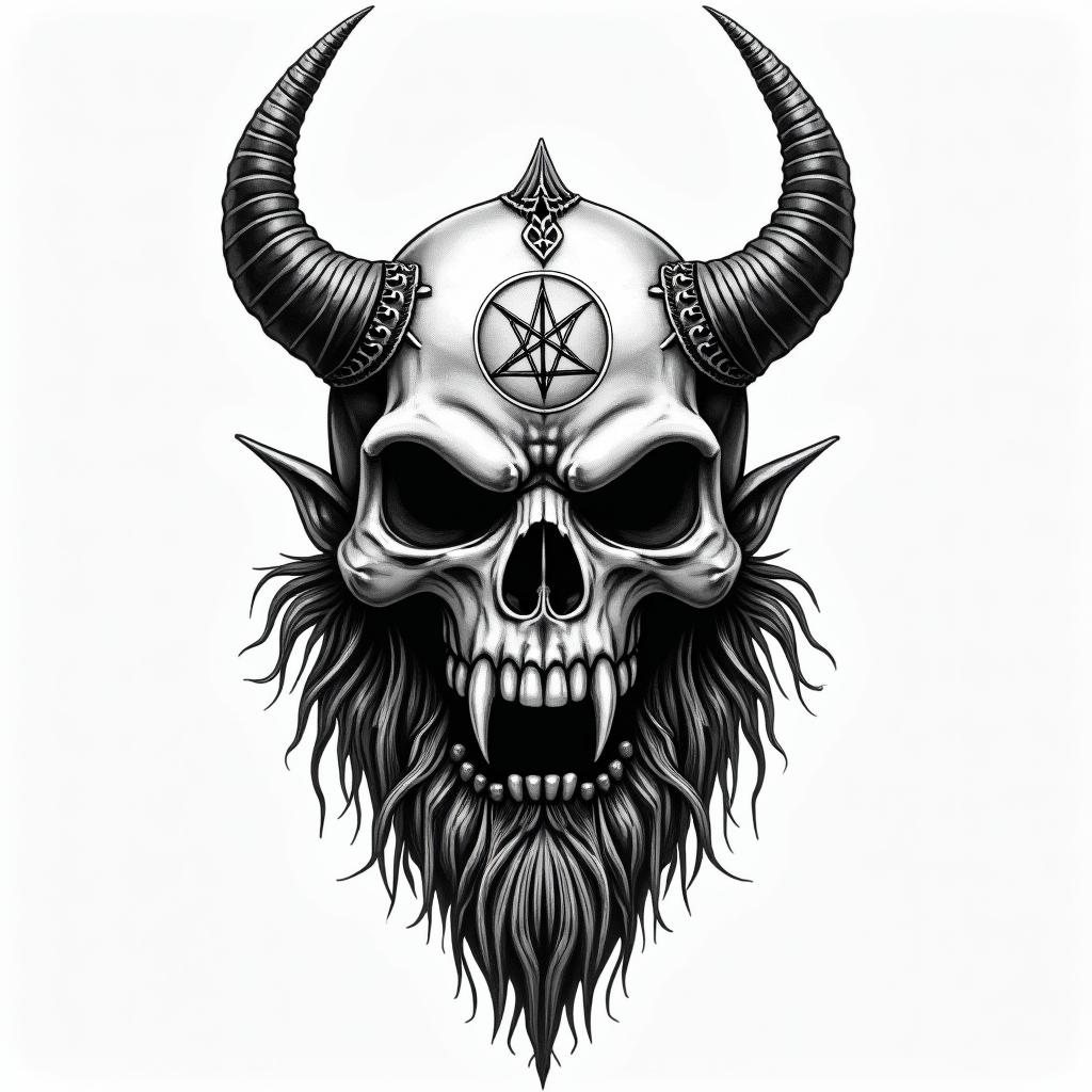 Viking warrior facecreepy horror tattoo style, featuring an eerie and unsettling skull of a demonic creature, distorted face with sharp fangs, add pentagram symbol - Variation 4