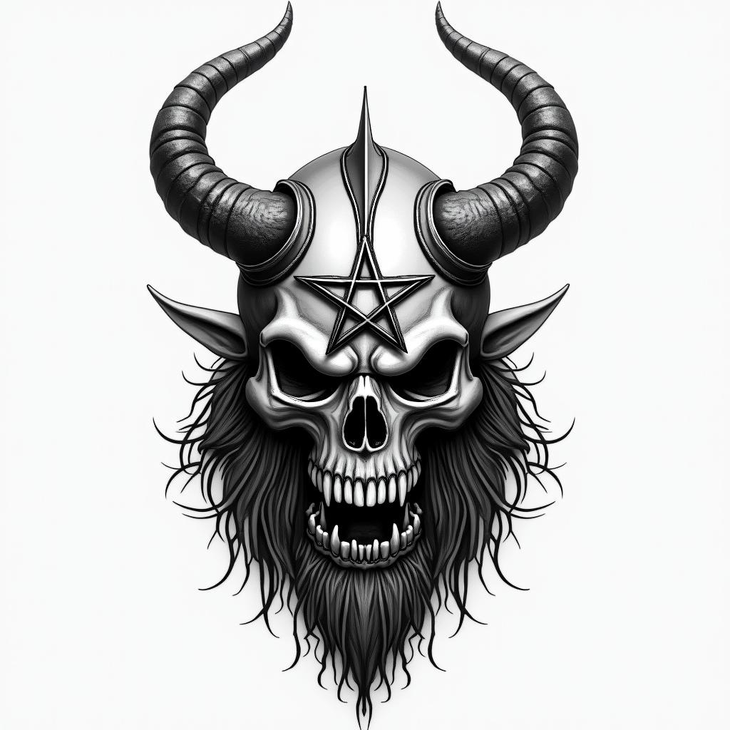 Viking warrior facecreepy horror tattoo style, featuring an eerie and unsettling skull of a demonic creature, distorted face with sharp fangs, add pentagram symbol - Variation 2