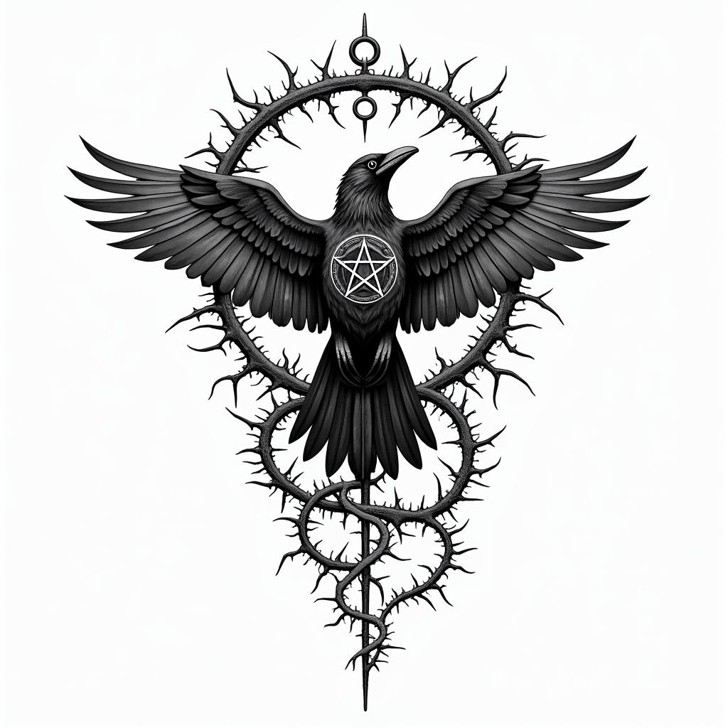 Crow, tangled, thorns,in paganic style tattoo, featuring ancient symbols, add vegvisir symbol, mystical figures, incorporating designs, pentagrams, runes, crescent moons, - Variation 2