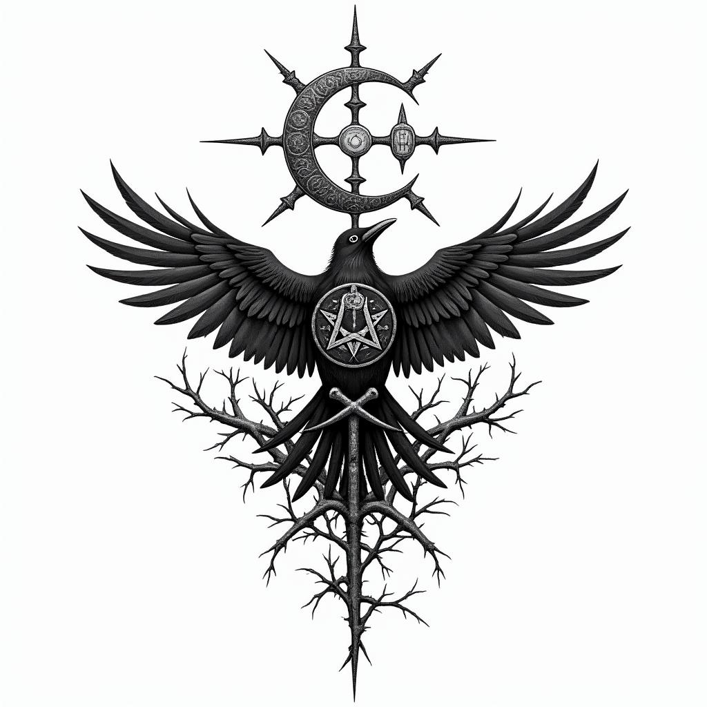 Crow, tangled, thorns,in paganic style tattoo, featuring ancient symbols, add vegvisir symbol, mystical figures, incorporating designs, pentagrams, runes, crescent moons, - Variation 4