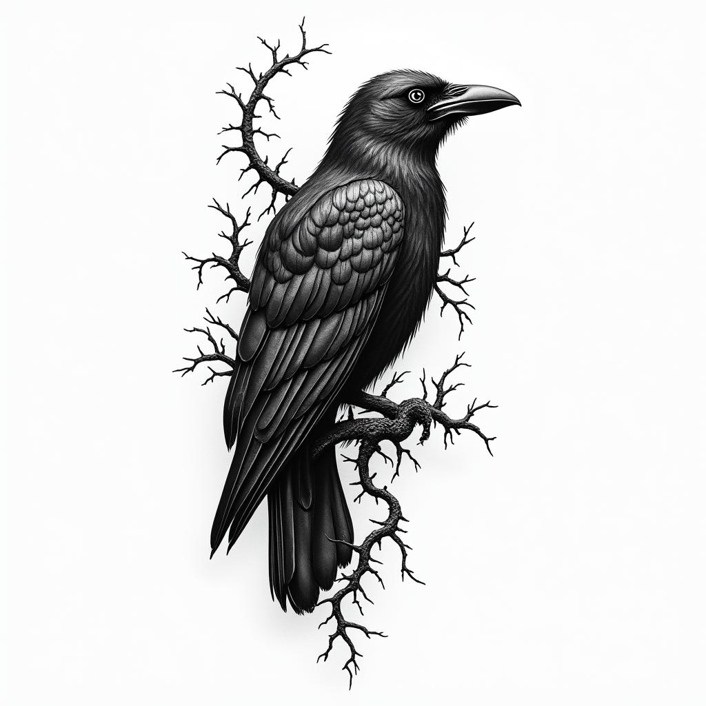 Crow, tangled, thorns,in paganic style tattoo, featuring ancient symbols, add vegvisir symbol, mystical figures, incorporating designs, pentagrams, runes, crescent moons, - Variation 3