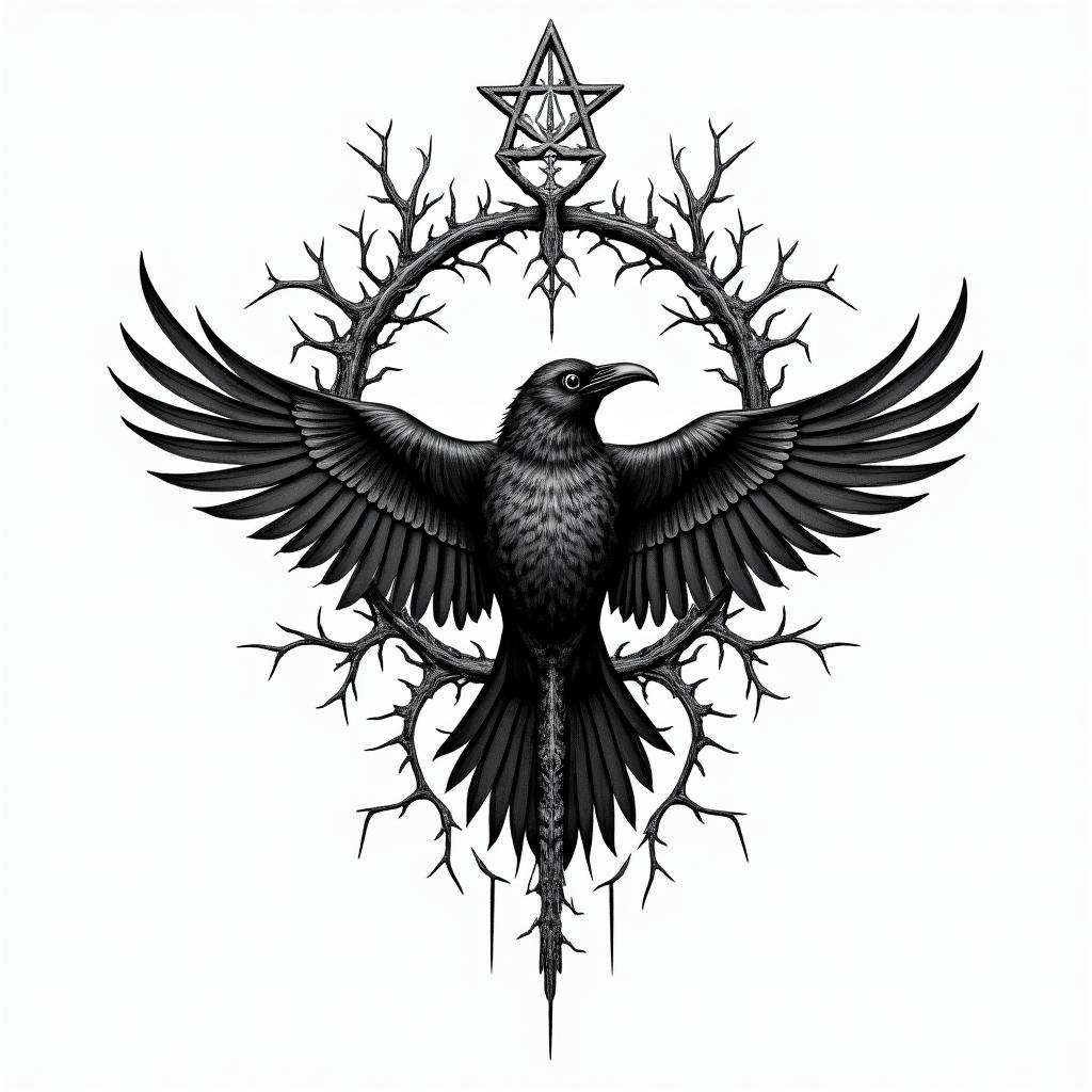 Crow, tangled, thorns,in paganic style tattoo, featuring ancient symbols, add vegvisir symbol, mystical figures, incorporating designs, pentagrams, runes, crescent moons,