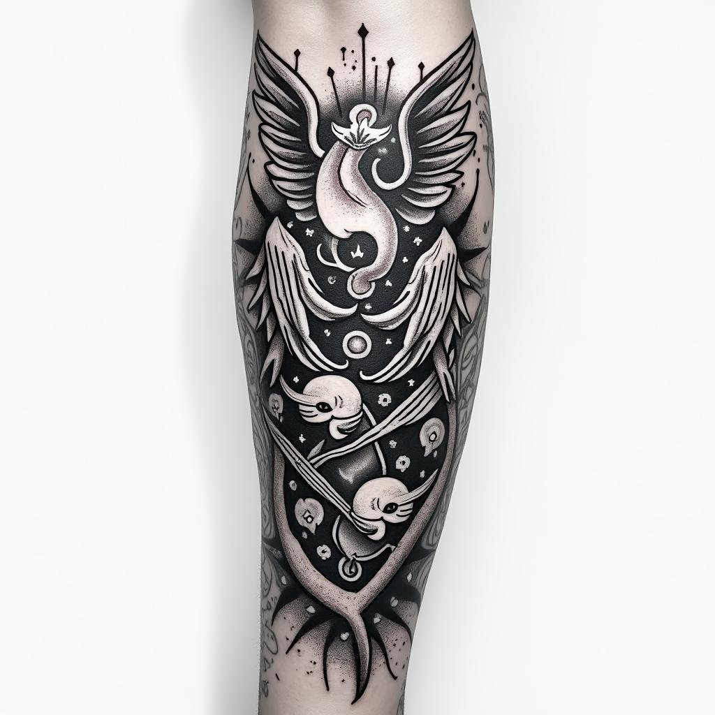 Full forearm tattoo with Virgo, Libra and Piscesin graffiti style tattoo, featuring bold and dynamic street art elements, spray-paint texture with exaggerated lines and expressive, chaotic brushstrokes, intricate lettering incorporated with graffiti tags, symbols like hearts, stars, and wings - Variation 3