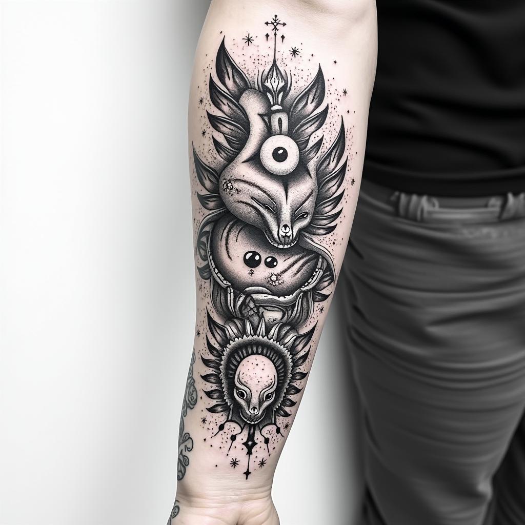 Full forearm tattoo with Virgo, Libra and Piscesin graffiti style tattoo, featuring bold and dynamic street art elements, spray-paint texture with exaggerated lines and expressive, chaotic brushstrokes, intricate lettering incorporated with graffiti tags, symbols like hearts, stars, and wings - Variation 2