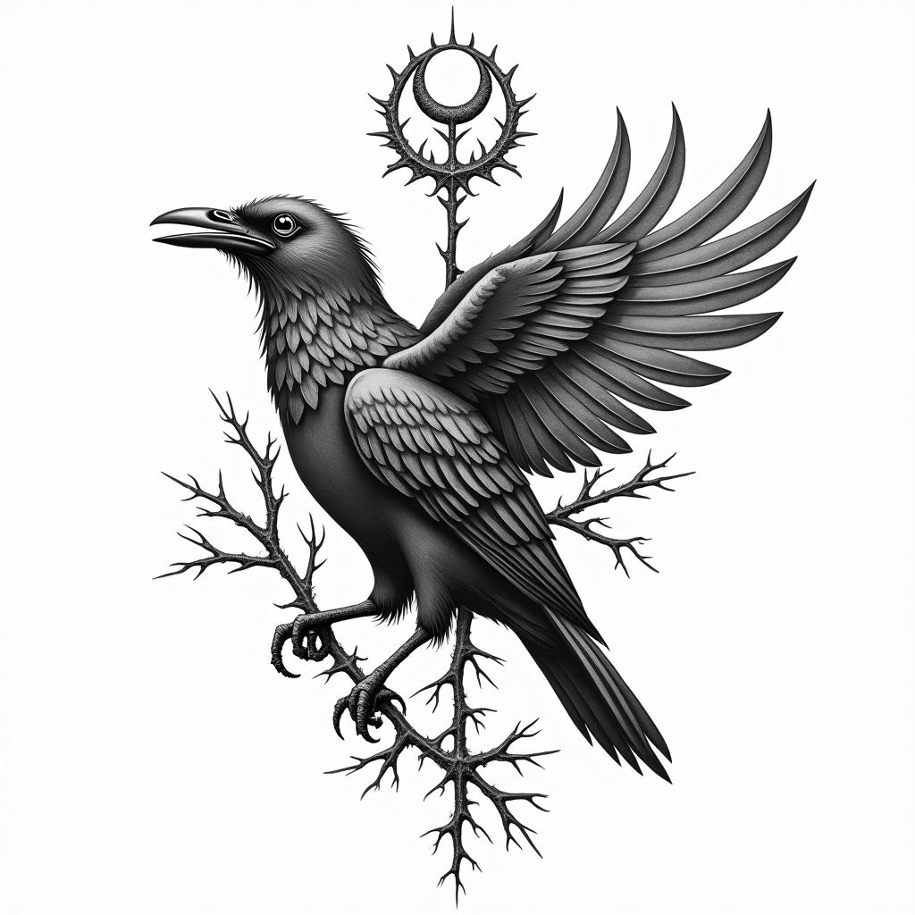 Crow, entangled, thorns, sideways, flapping.in paganic style tattoo, featuring ancient symbols, add vegvisir symbol, mystical figures, incorporating designs, pentagrams, runes, crescent moons, - Variation 3