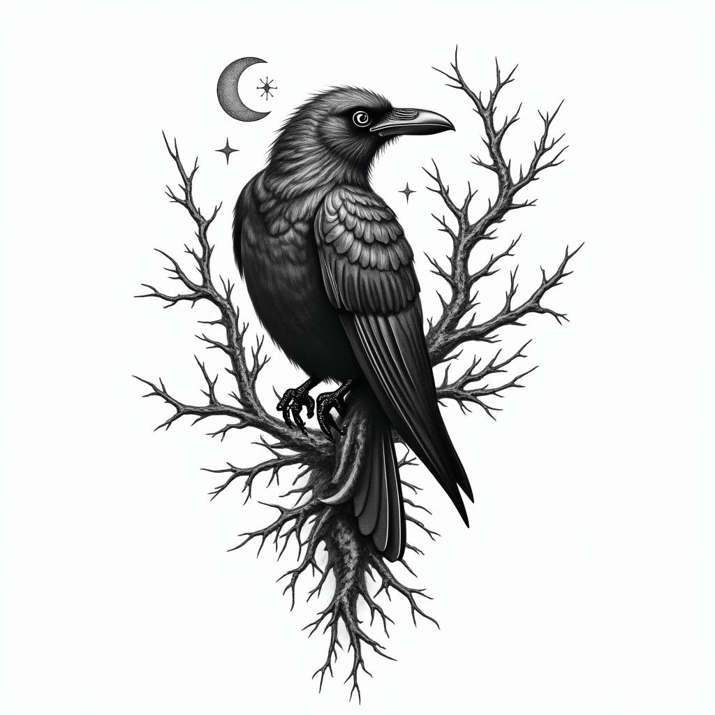 Crow, entangled, thorns, sideways, flapping.in paganic style tattoo, featuring ancient symbols, add vegvisir symbol, mystical figures, incorporating designs, pentagrams, runes, crescent moons, - Variation 2