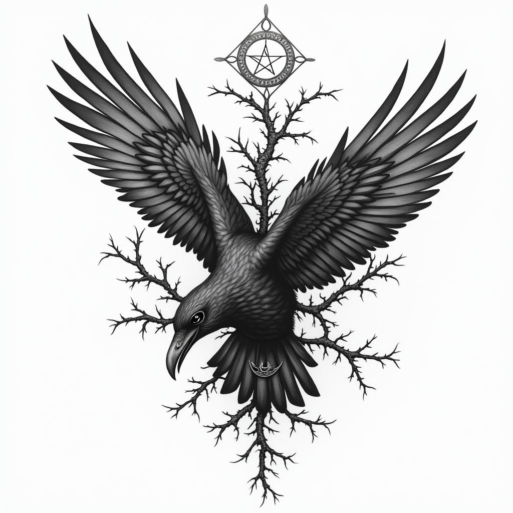 Crow, entangled, thorns, sideways, flapping.in paganic style tattoo, featuring ancient symbols, add vegvisir symbol, mystical figures, incorporating designs, pentagrams, runes, crescent moons, - Variation 4