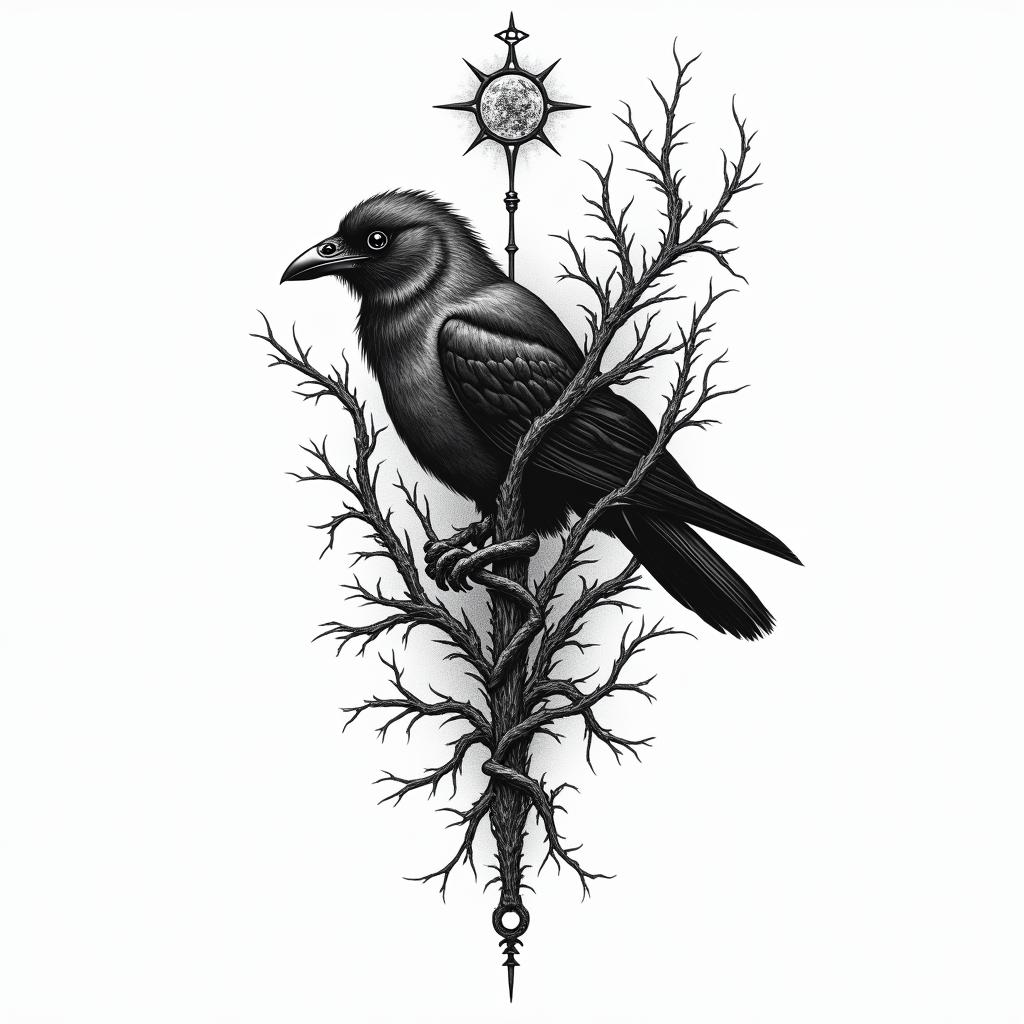 Crow, entangled, thorns, sideways, flapping.in paganic style tattoo, featuring ancient symbols, add vegvisir symbol, mystical figures, incorporating designs, pentagrams, runes, crescent moons,