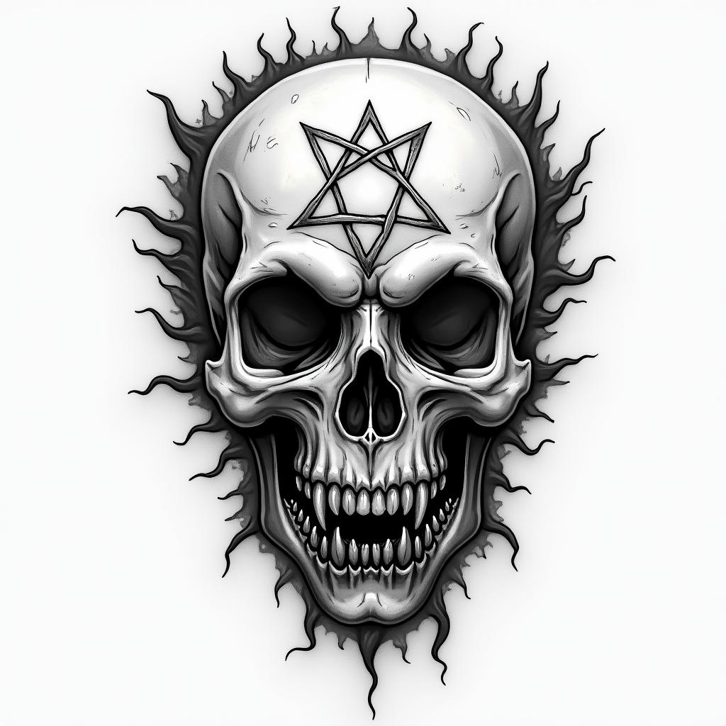 Mandi, Leo, Mainecreepy horror tattoo style, featuring an eerie and unsettling skull of a demonic creature, distorted face with sharp fangs, add pentagram symbol - Variation 2