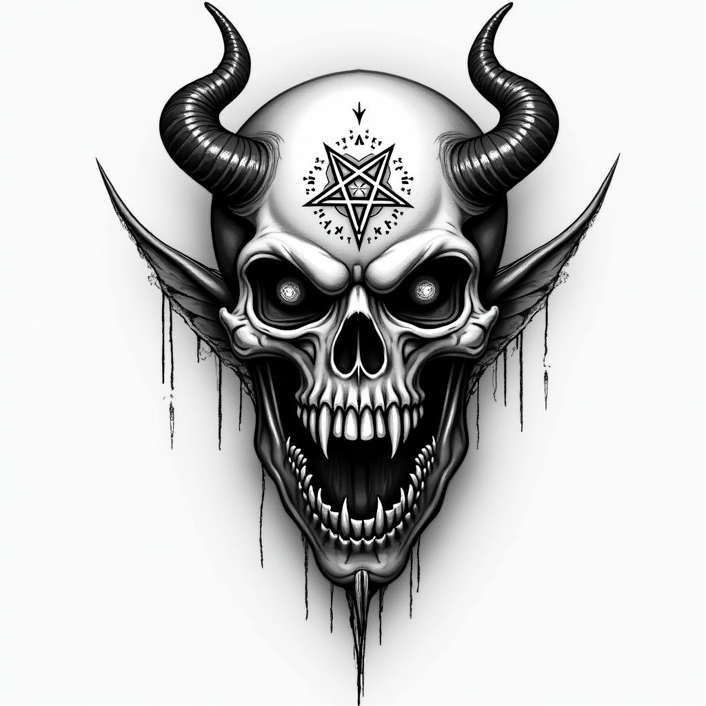 Mandi, Leo, Mainecreepy horror tattoo style, featuring an eerie and unsettling skull of a demonic creature, distorted face with sharp fangs, add pentagram symbol