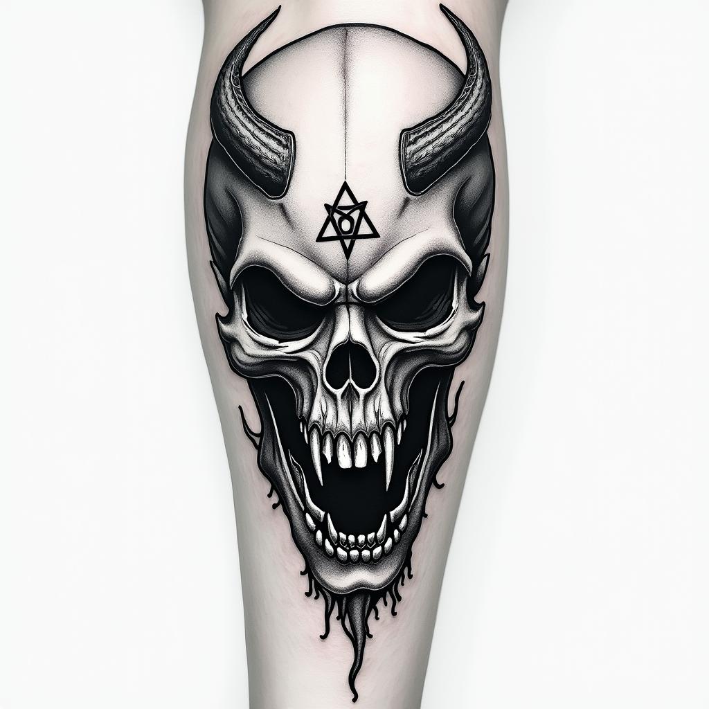 Bio mechanical sleevecreepy horror tattoo style, featuring an eerie and unsettling skull of a demonic creature, distorted face with sharp fangs, add pentagram symbol - Variation 4