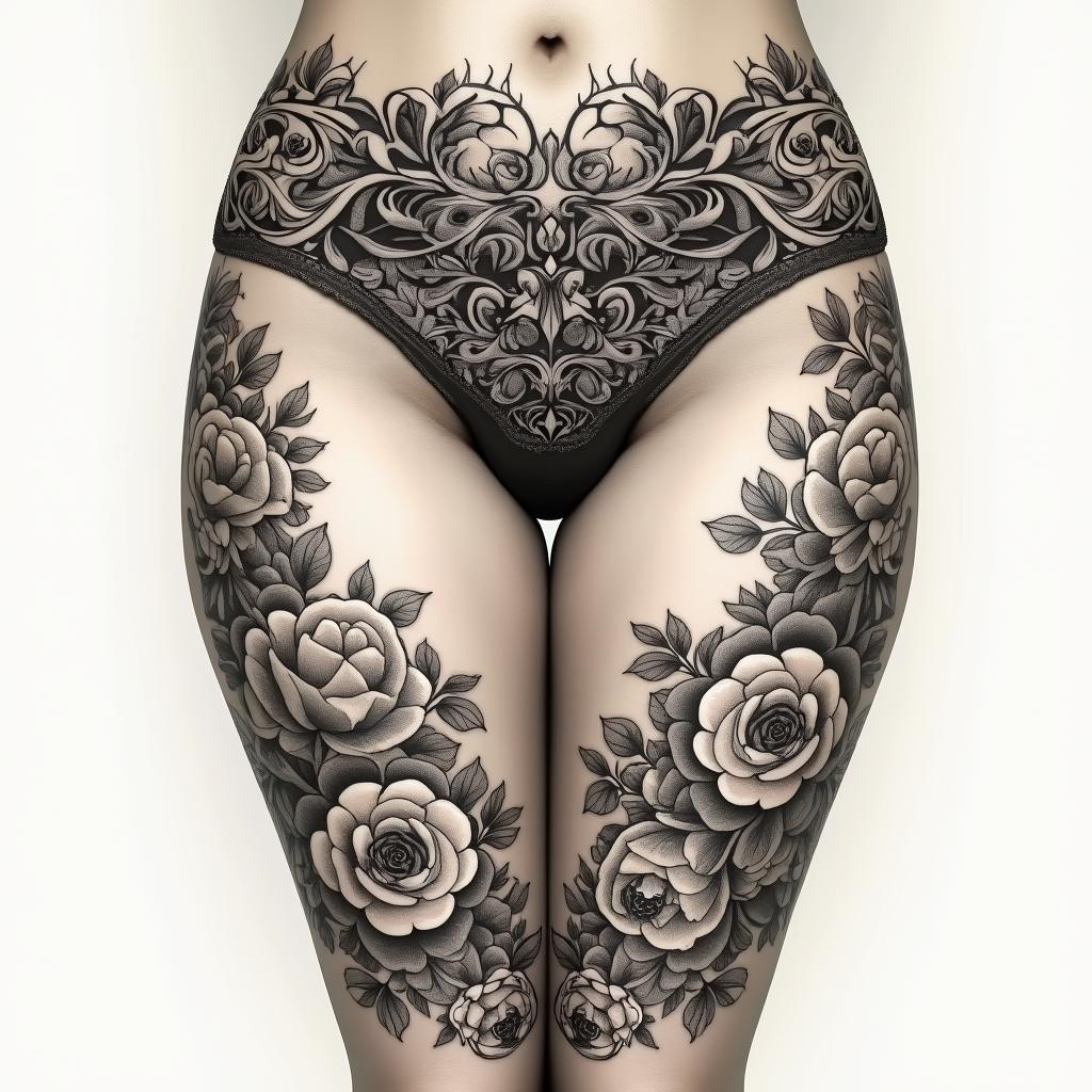 Thighs outside, enchanted, dream, royal,in victorian style tattoo, featuring vintage and elegant elements, ornate frames, roses, antique, sepia-toned color scheme