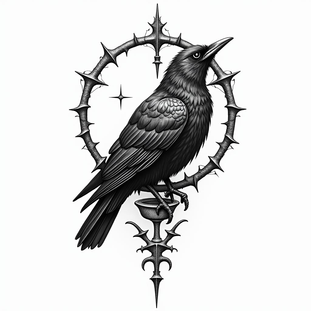 Crow, entwine, thorn, sideways, flap.in paganic style tattoo, featuring ancient symbols, add vegvisir symbol, mystical figures, incorporating designs, pentagrams, runes, crescent moons,
