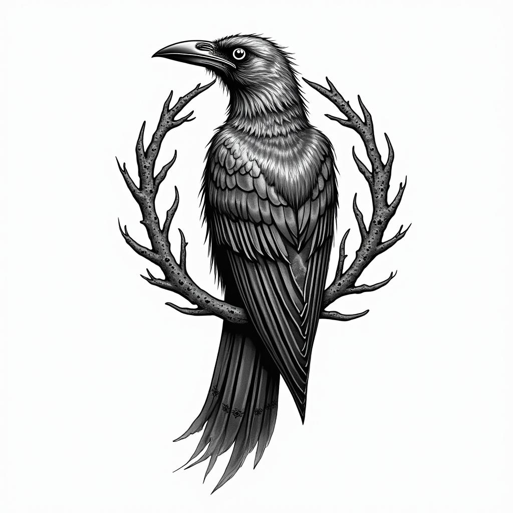 Crow, entwine, thorn, sideways, flap.in paganic style tattoo, featuring ancient symbols, add vegvisir symbol, mystical figures, incorporating designs, pentagrams, runes, crescent moons, - Variation 2